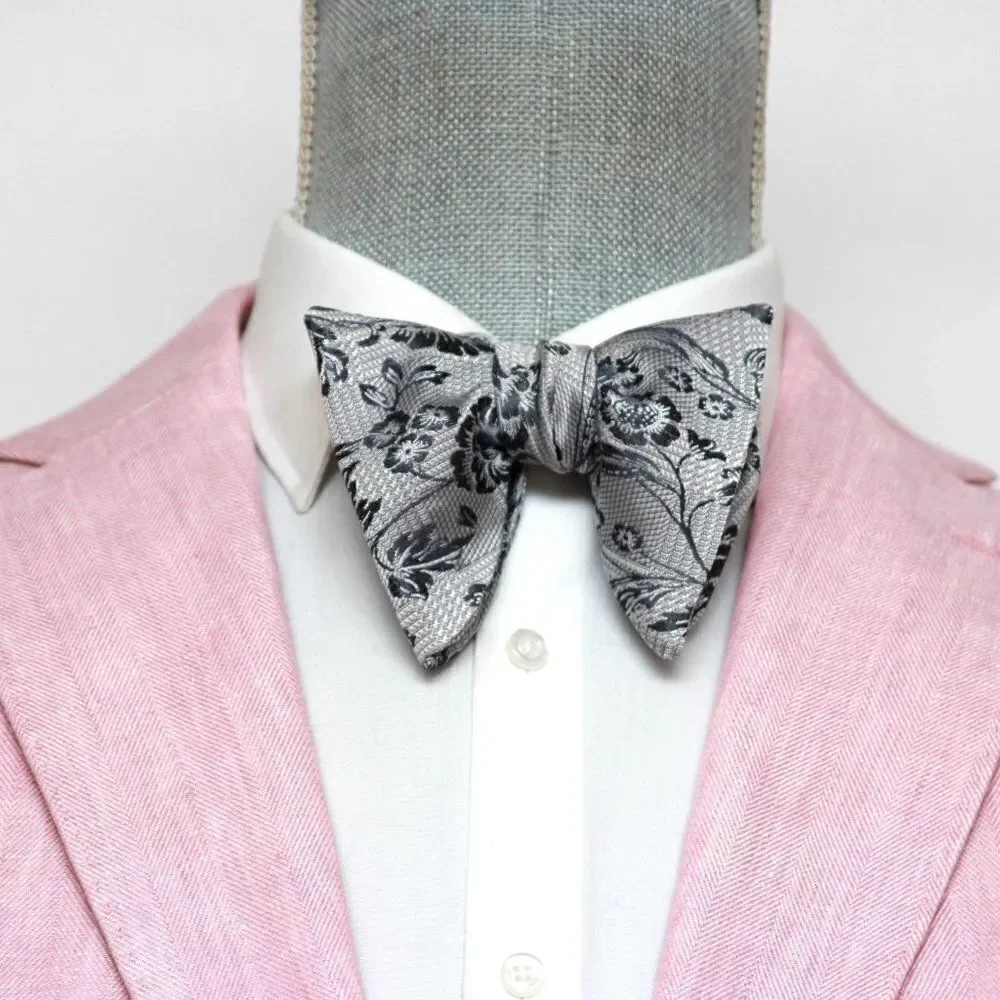 Men's‎ Self-tied Bow Tie 100%Silk Big Butterfly Floral grey S693
